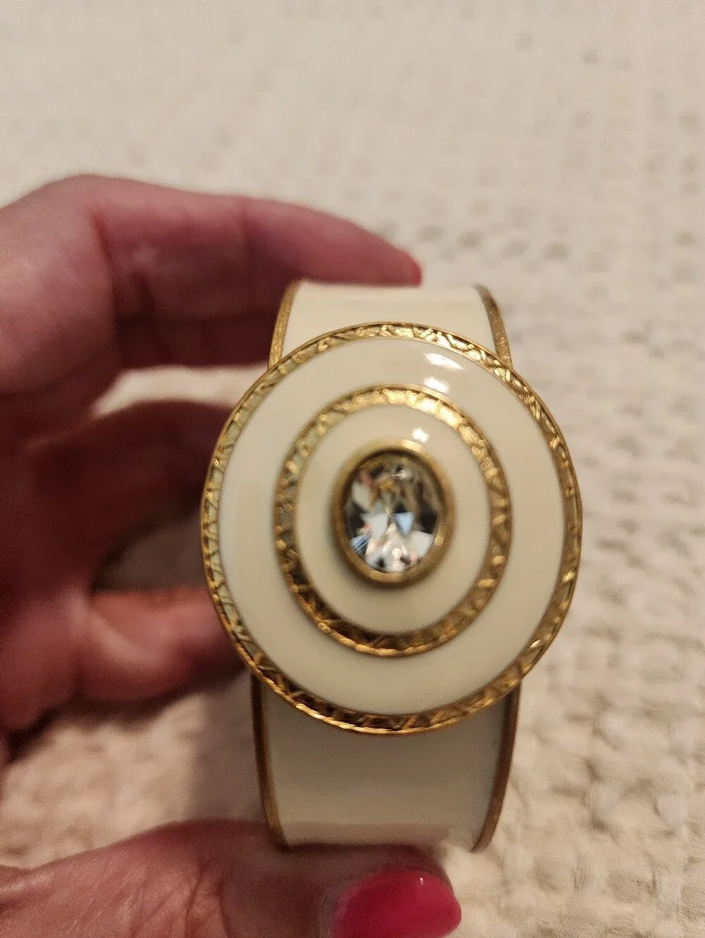 Pair Of Vintage Statement Clamper Bracelets Cream/Gold & Teal With Rhinestones